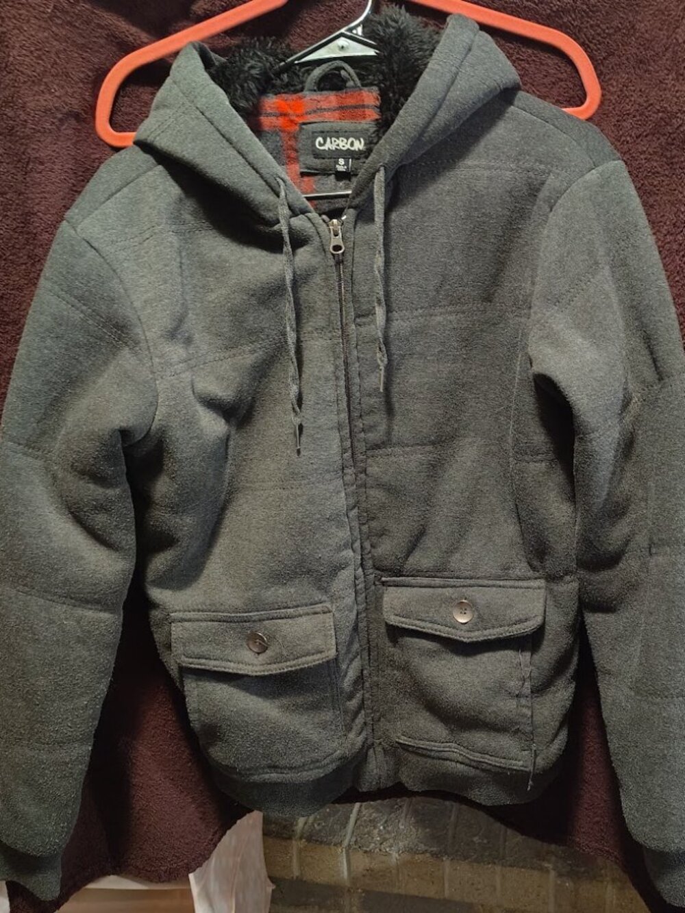 Men's Vintage 'Carbon' Full Zip Hoodie w/ Faux Fur & Flannel Lining Size Small